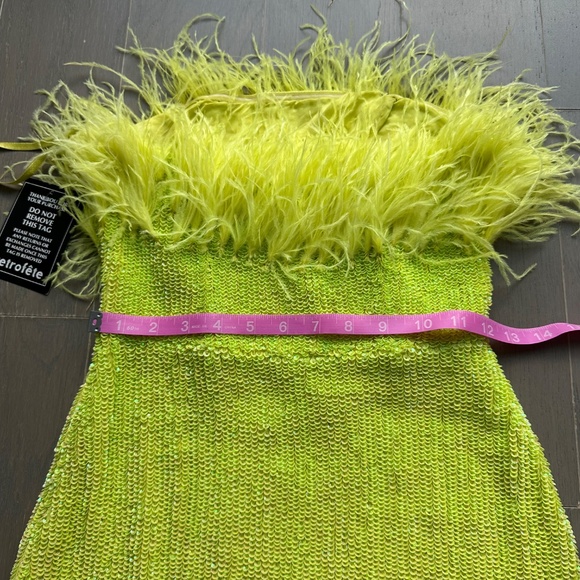 Retrofete TORIN Sequin Mini Dress Neon Yellow Feather Strapless XS - with tags - Picture 7 of 11